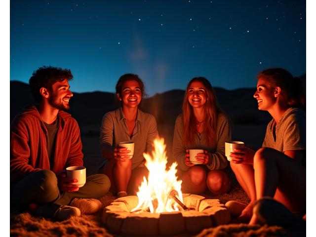 Guests enjoying a warm campfire under the desert stars, sharing stories and laughter